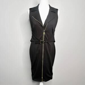 Calvin Klein Black Ponte Knit Sleeveless Belted Moto Sheath Dress women’s size 6
